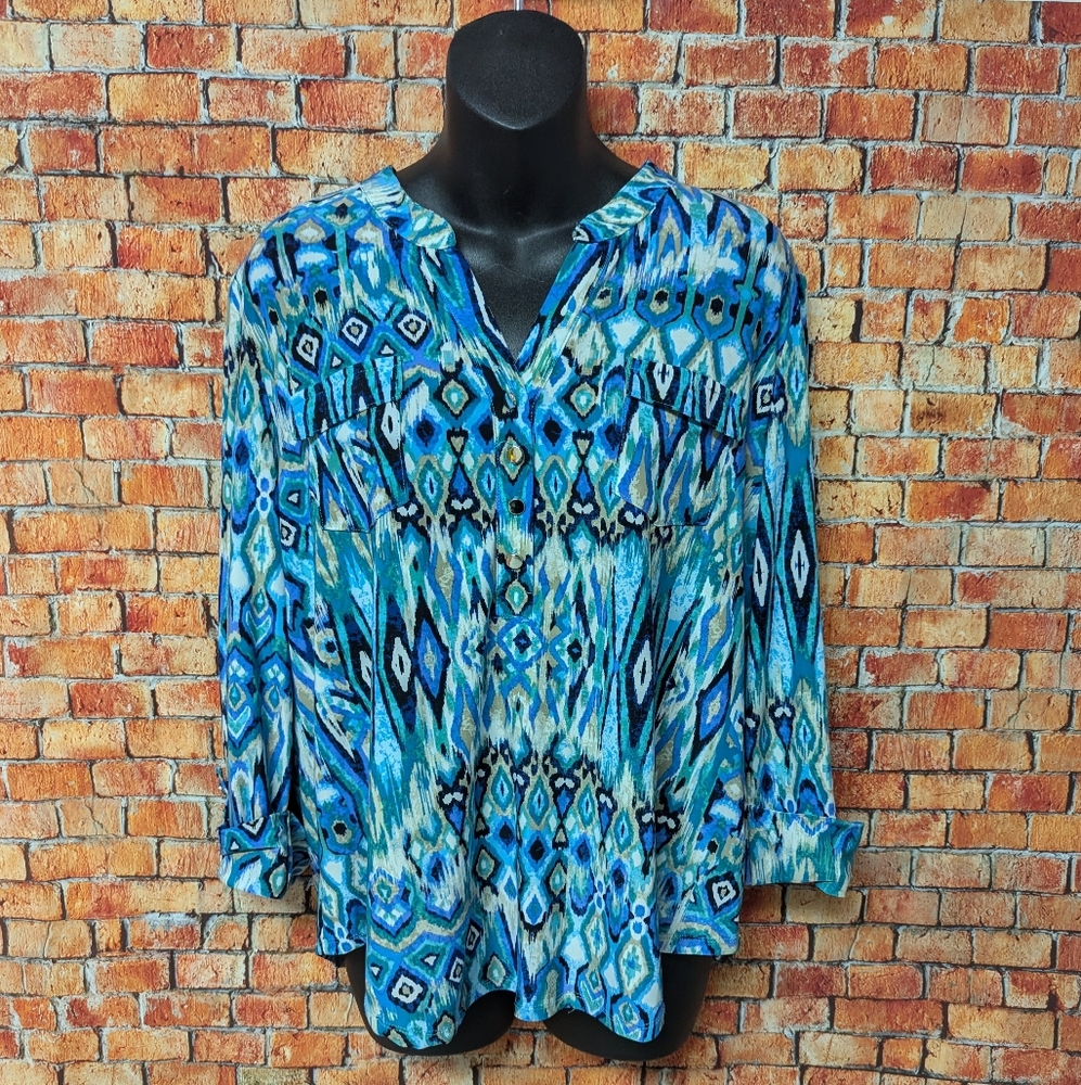 Ava & Grace Abstract Blue Green Patterned Women's Top Blouse Petite XL
